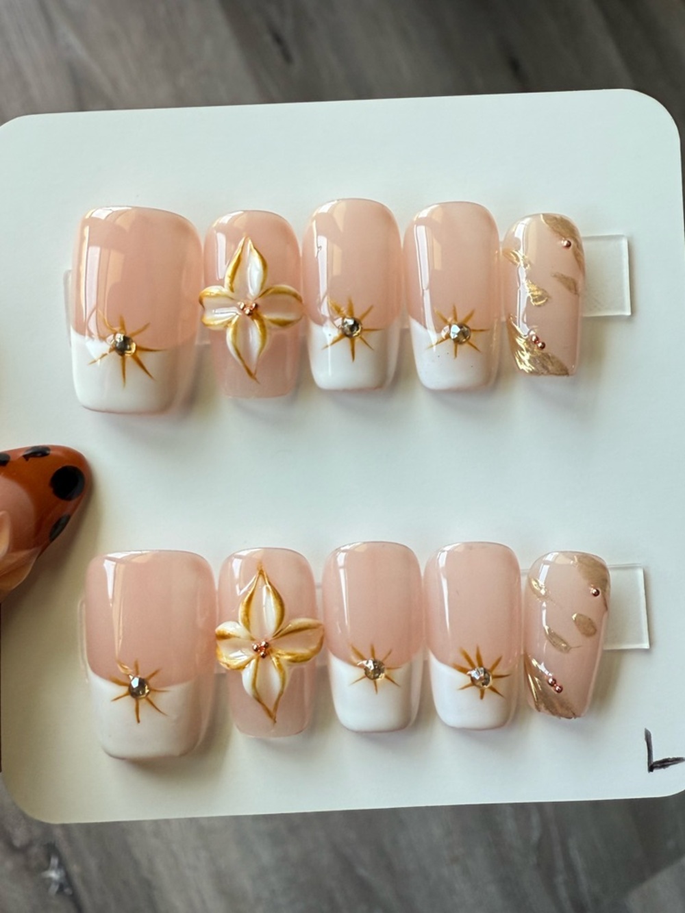 Nude Pink & White Floral Press-On Nail Set with Gold Accents